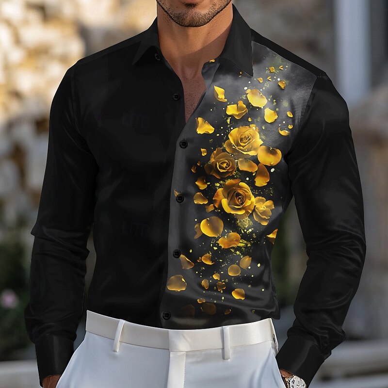 Men's Rose Floral / Flower Satin Shirt Dress Shirt Button Up Shirt Long Sleeve Fashion Casual Wedding Vacation Evening Party Summer Spring Turndown Collared Shirts 3D Print Yellow Red Blue Purple4