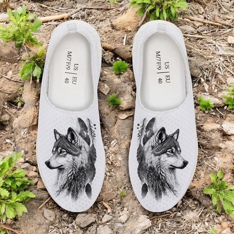 Men's Wolf Print Breathable Mesh Sneakers - Lightweight Casual Athletic Shoes for Fitness and Outdoor Activities