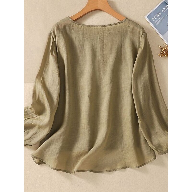 Women's Shirt Blouse Cotton Linen Shirts Solid Color Basic Casual Long Sleeve Crew Neck Regular Tops Daily Embroidered White Pink Fuchsia Green Summer Spring2
