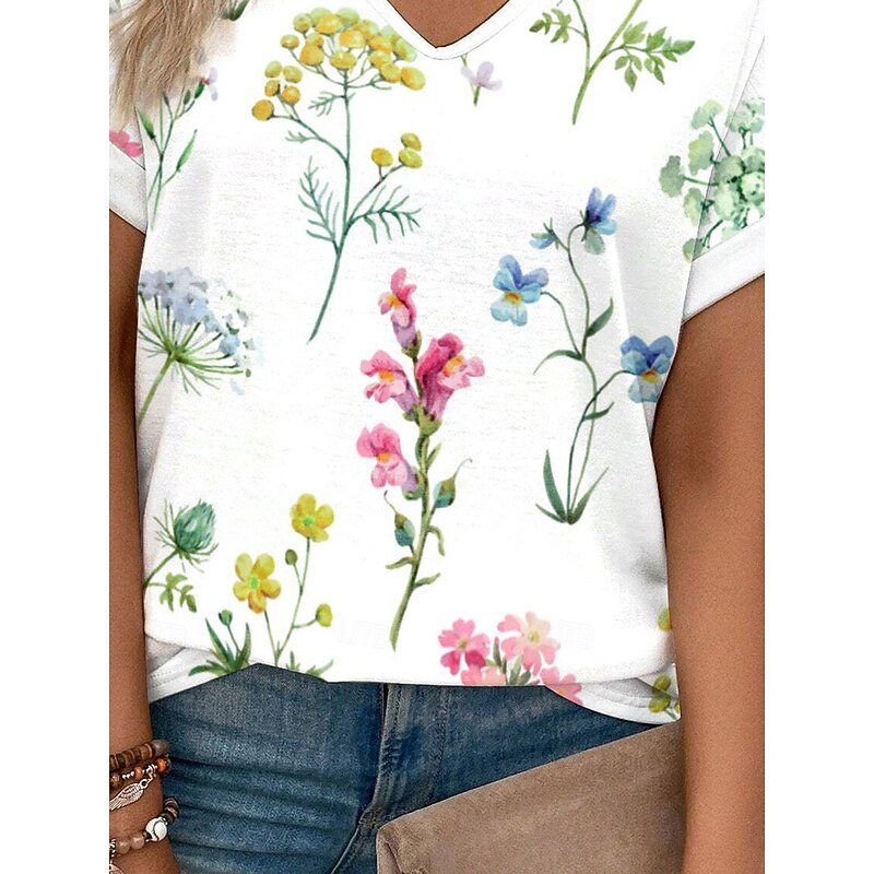 Women's T Shirt Floral Stylish Casual Short Sleeve V Neck Regular Tops Daily Print White Summer3