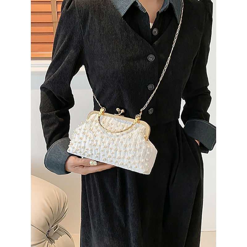 Vintage Pearl Beaded Clutch Bag – Elegant Women's Evening Handbag with Gold Frame and Chain Strap for Weddings, Parties and Formal Events Black White Khaki2