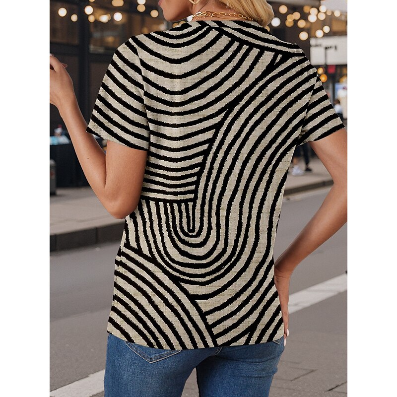 Women's T Shirt Striped Vintage Casual Short Sleeve Round Neck Regular Tops Daily Print Black Summer2