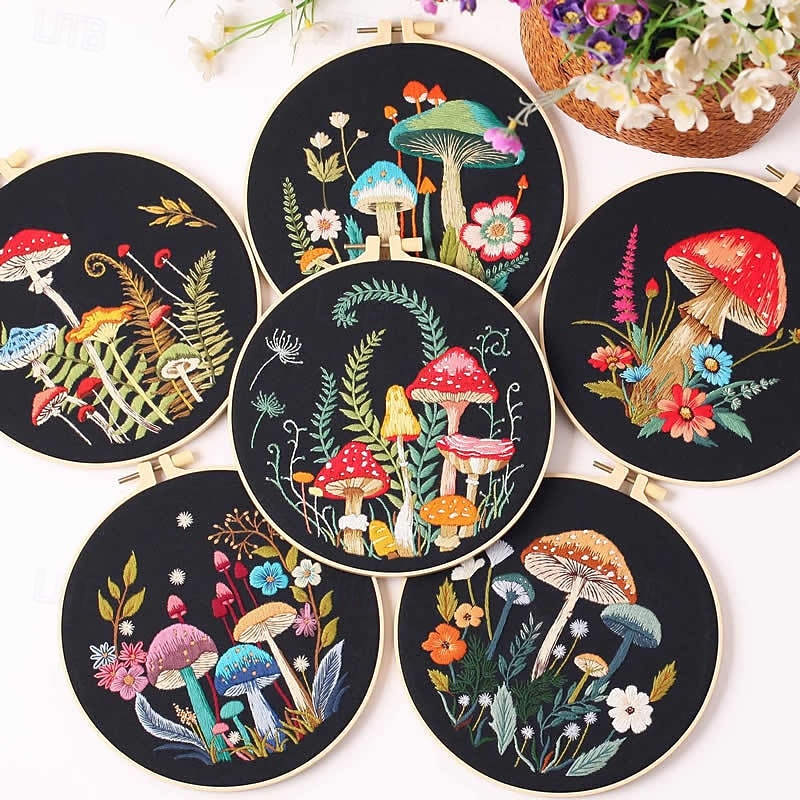 Mushroom Embroidery Starter Kit with Instructions and Patterns Mushroom Cross Embroidery Set for Adults Kids Beginners Include Mushroom Pattern Cloth, Embroidery Hoop, Threads and Needles