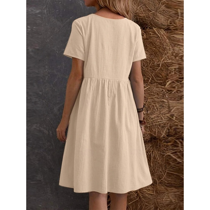 Women's Mini Dress Cotton Linen Dresses Casual Dress Cotton Maxi Dress Basic Casual Vacation Daily Regular Fit Plain Short Sleeve Crew Neck Black Apricot Summer2