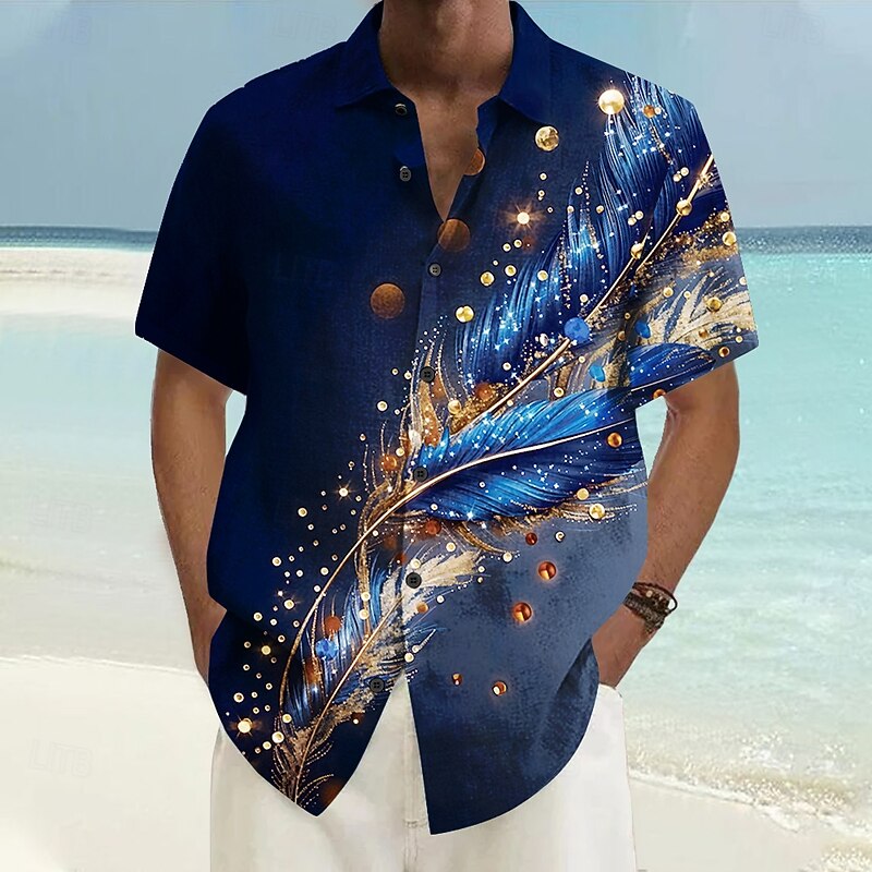 Men's Sparkling Glitter Feather Shirt Button Up Shirt Short Sleeve Vintage Retro Vacation Casual Summer Spring Turndown 3D Print Collared Shirts Purple Green Dark Blue2