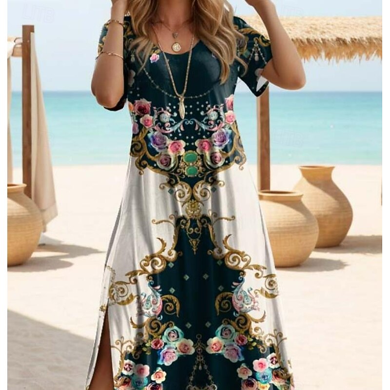 Women's Maxi Dress Casual Dress T Shirt Dress Tee Dress Sundress Bohemia Date Regular Fit Geometric Short Sleeve Crew Neck Black Red Blue Dusty Blue Summer3