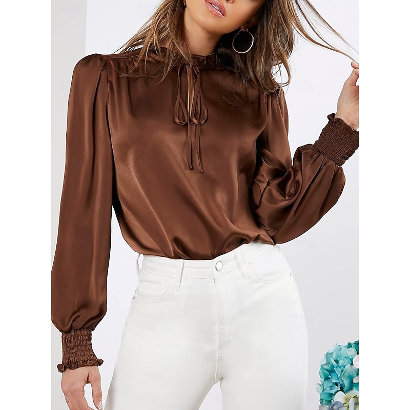 Women's Shirt Elegant Dressy Satin Solid Color Business Modern Casual Long Sleeve Turtleneck Regular Tops Work Formal Wear Lace up Ruffle Brown Rose Pink Summer Spring3