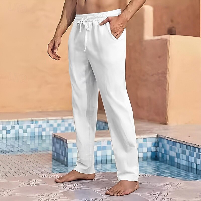Men's Linen Pants Trousers Summer Pants Gauze Pants Elastic Waist Drawstring Straight Leg Plain Comfort Breathable Full Length Daily Holiday Swimming Pool Vacation Fashion Black White