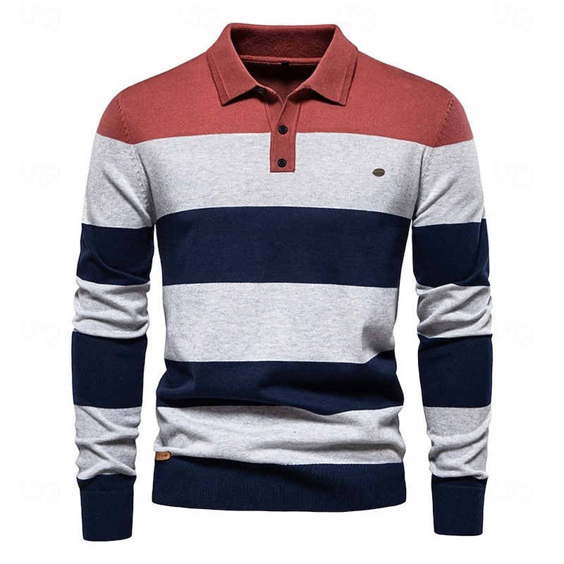 Men's Color Block Rugby Polo Shirts Long Sleeve Polo Shirts Lapel 3D Print Modern Comfortable Work Casual Sports Holiday Patchwork Buttons Spring Autumn / Fall Red Khaki4