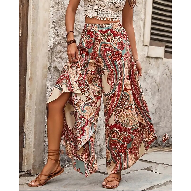 Women's Wide Leg Pants Trousers Lightweight Casual Full Length Mid Rise Floral Graphic Printing Breathability Comfortable Inelastic Home Casual Daily Brown Summer Spring Regular Fit2