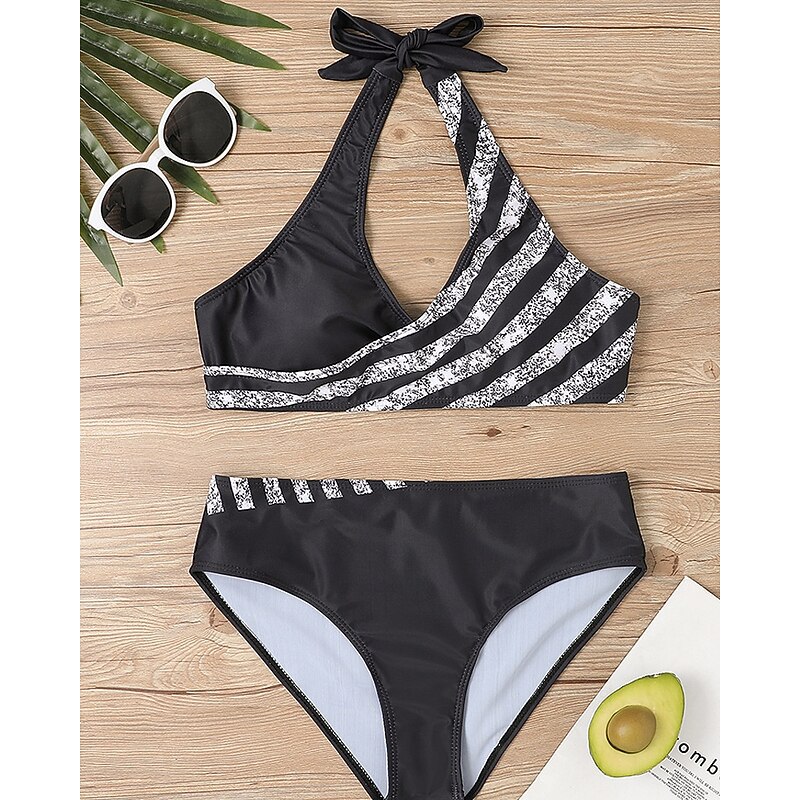 Women's Tankini Two Piece Swimsuit V Neck Swimwear Stripes Swimwear Black Wine Breathable Quick Dry Lightweight Sleeveless - Swimming Surfing Beach Summer Spring2