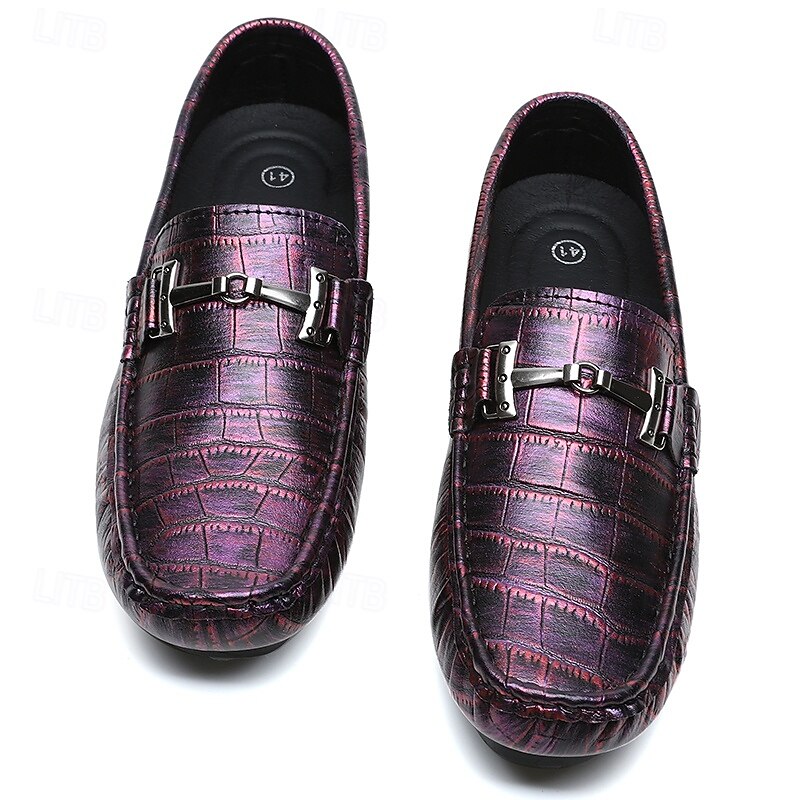 Men's Purple Crocodile Pattern Loafers – Luxury Slip-On Driving Shoes with Metal Buckle Detail for Casual, Business and Party Wear4