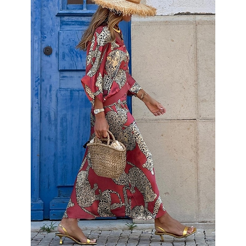Women's Dress Set Casual Dress Skirt Set Casual Leopard Print Maxi Dress 3/4 Length Sleeve V Neck Outdoor Daily Fuchsia Summer Spring Regular Fit2