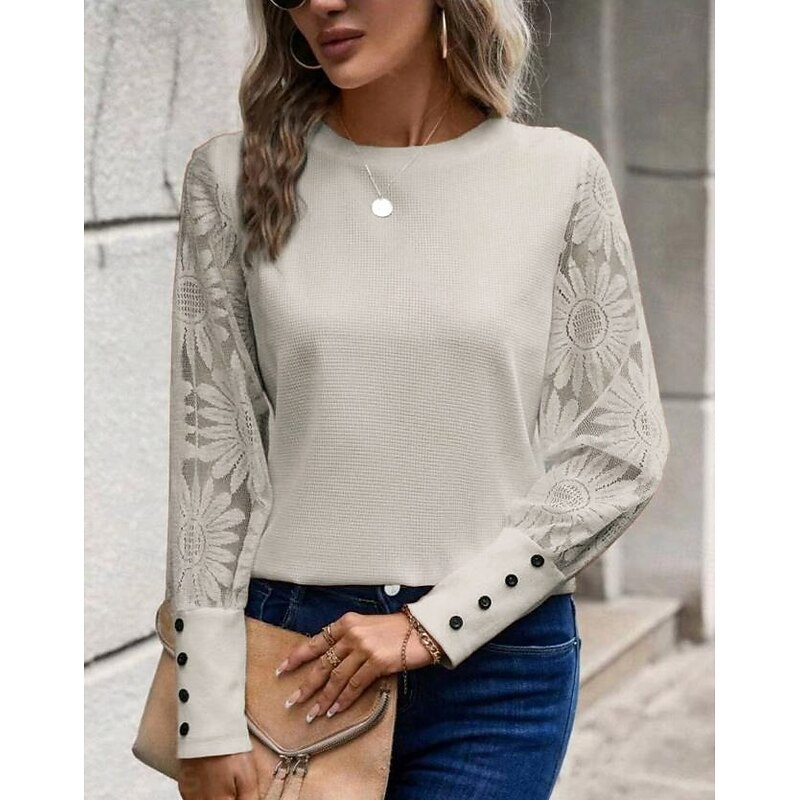 Women's White Elegant Lace Tops Eyelet Blouse Dressy Tops Elegant Lace Buttons Long Sleeve Crew Neck Daily Romantic Petite Tops Summer Holiday Wear Pink Khaki Summer Semi Formal Blouses3