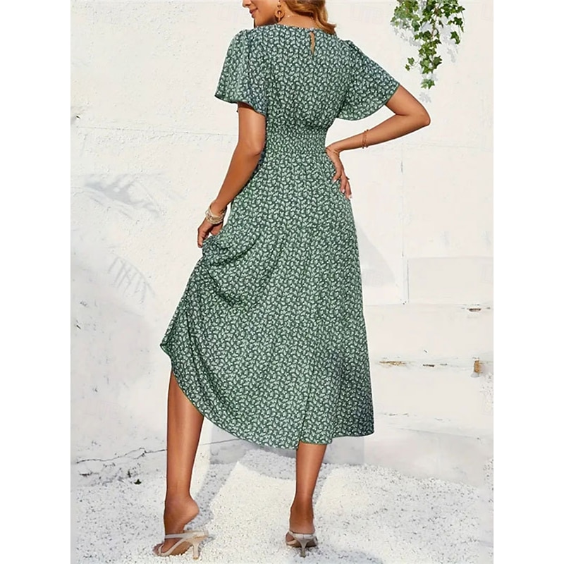 Women's Midi Dress Casual Dress Swing Dress A Line Dress Stylish Casual Vacation Daily Regular Fit Floral Short Sleeve V Neck Green Summer2