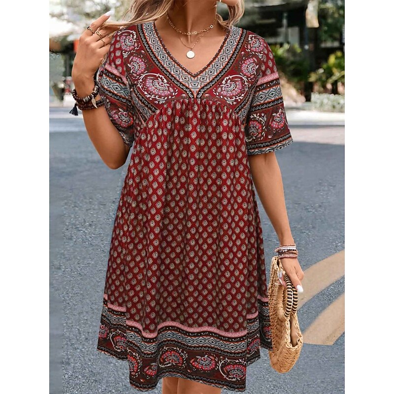 Women's Mini Dress Petite Dress Casual Dress Ethnic Dress T Shirt Dress Tee Dress Boho Dress Vintage Ethnic Casual Vacation Daily Regular Fit Paisley Short Sleeve V Neck Wine Blue Summer3