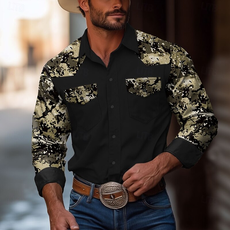 Men's Camouflage Western Shirt Long Sleeve Western Sports Outdoor Spring Fall Turndown Button Up 2 Pockets Black White Green