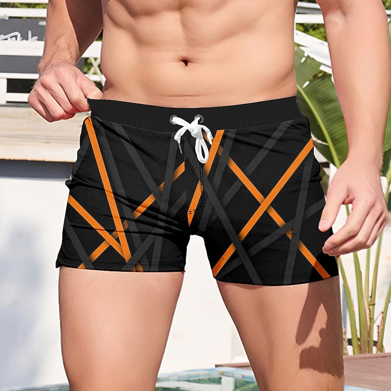 Men's Mixed Color Geometric Pattern Line Swim Trunks Swim Shorts Board Shorts Mid Waist 3D Print Hawaiian Surfing Holiday Beach Drawstring with Mesh lining Elastic Waist Designer Clothing Apparel4
