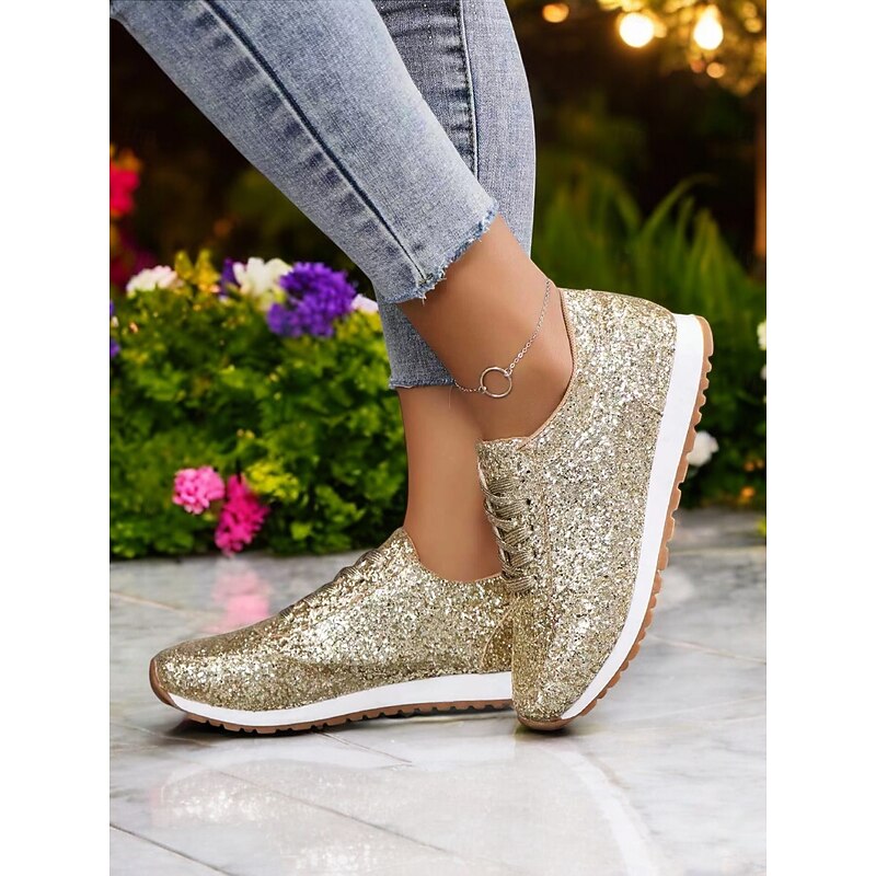 Women's Gold Glitter Lace-Up Sneakers with Comfortable Sole, Lightweight Design and Trendy Style for Parties, Casual Outfits and Festive Occasions2