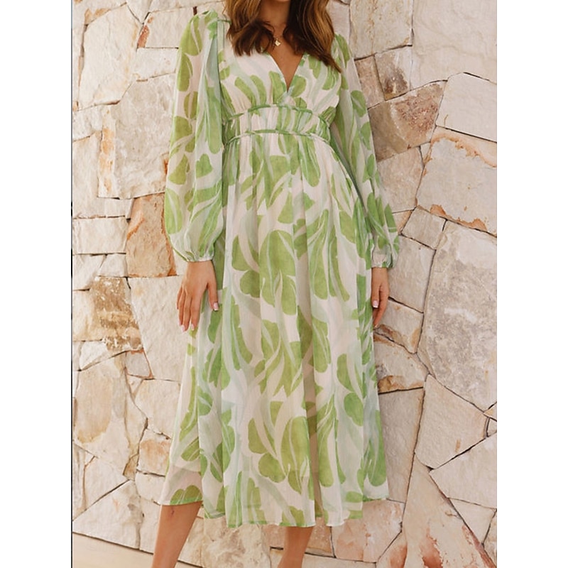 Women's Midi Dress Casual Dress Elegant Stylish Casual Vacation Party Daily Loose Fit Floral Long Sleeve V Neck Green Summer Spring Fall