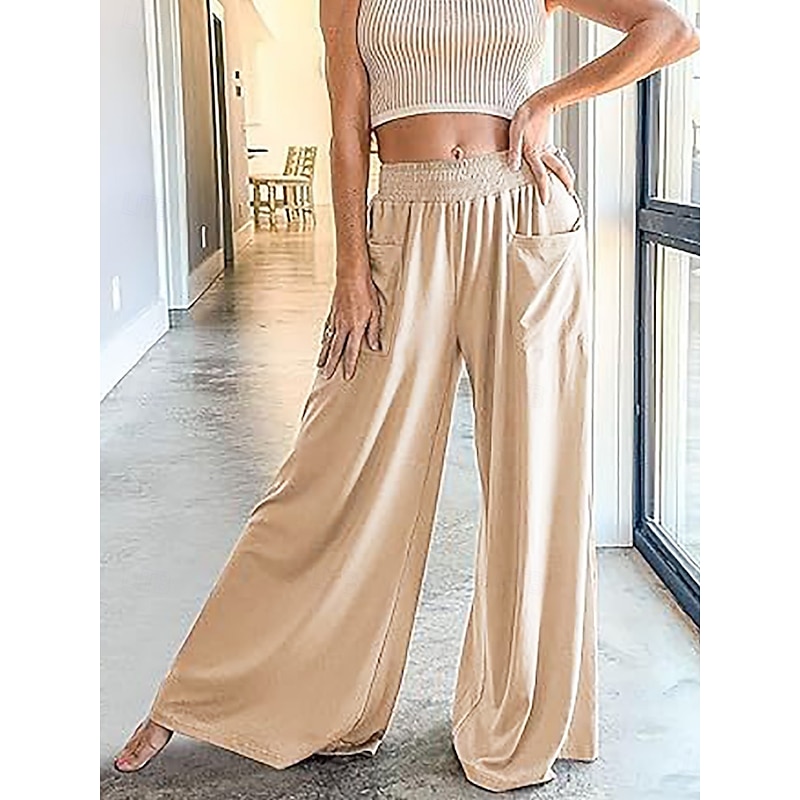Women's Wide Leg Chinos Fashion Streetwear Full Length High Waist Plain Pocket Elastic Waistband Comfy Soft Comfortable Micro-elastic Outdoor Street Apricot Fuchsia Summer Spring Regular Fit2