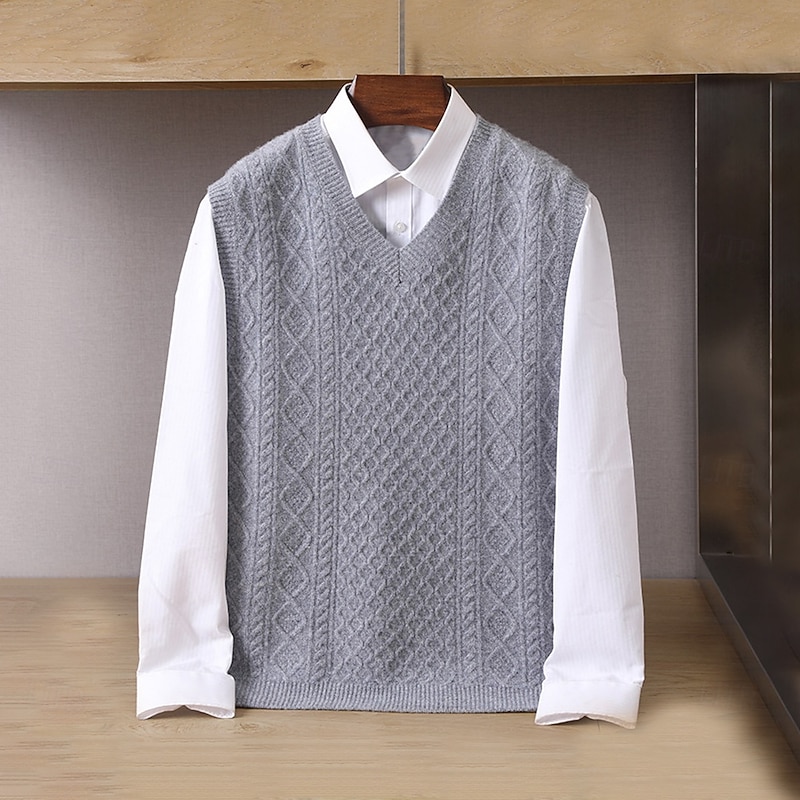 Men's 100% Merino Wool Sweater Vest Cable Knit V Neck Solid Color V Neck Knitwear Elegant School Formal Clothing Apparel Spring Fall Navy Blue Light Grey S M L