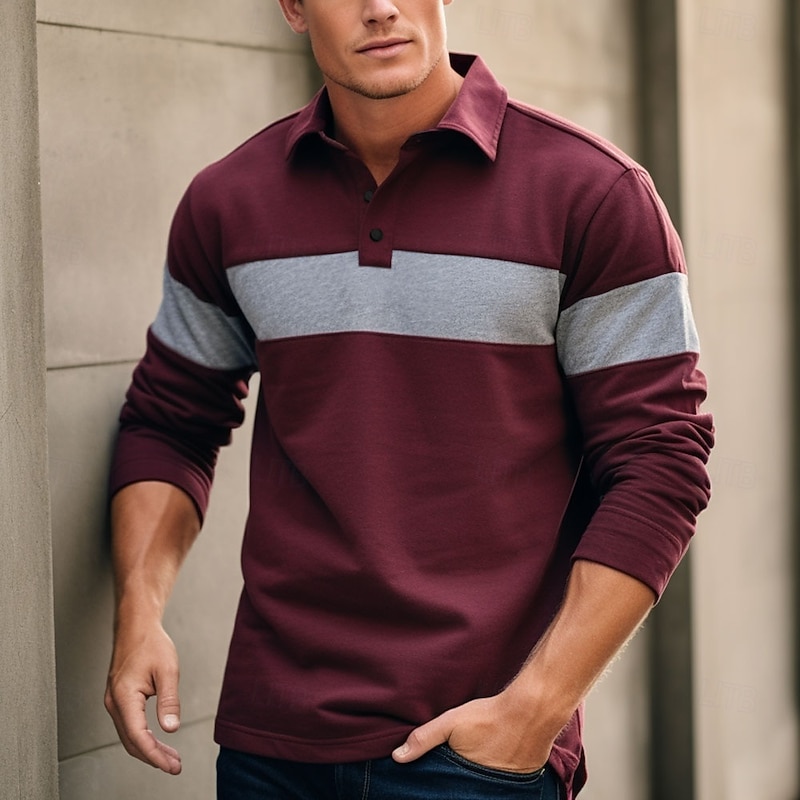 Men's Striped Rugby Polo Long Sleeve Polo Shirts Collared Shirts Sportswear Casual School Outdoor Athleisure 3D Print Spring Fall Winter Red