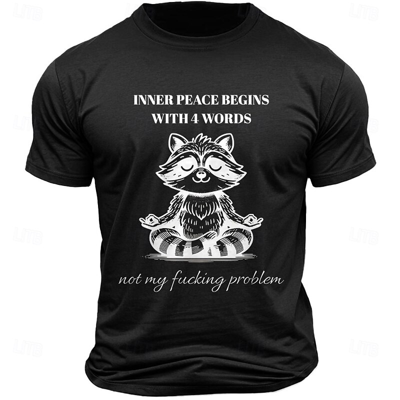 Men's Funny Graphic Tee: Meditating Raccoon 'Inner Peace Not My Problem' Lifestyle Humor T-Shirt - Short Sleeve Top2