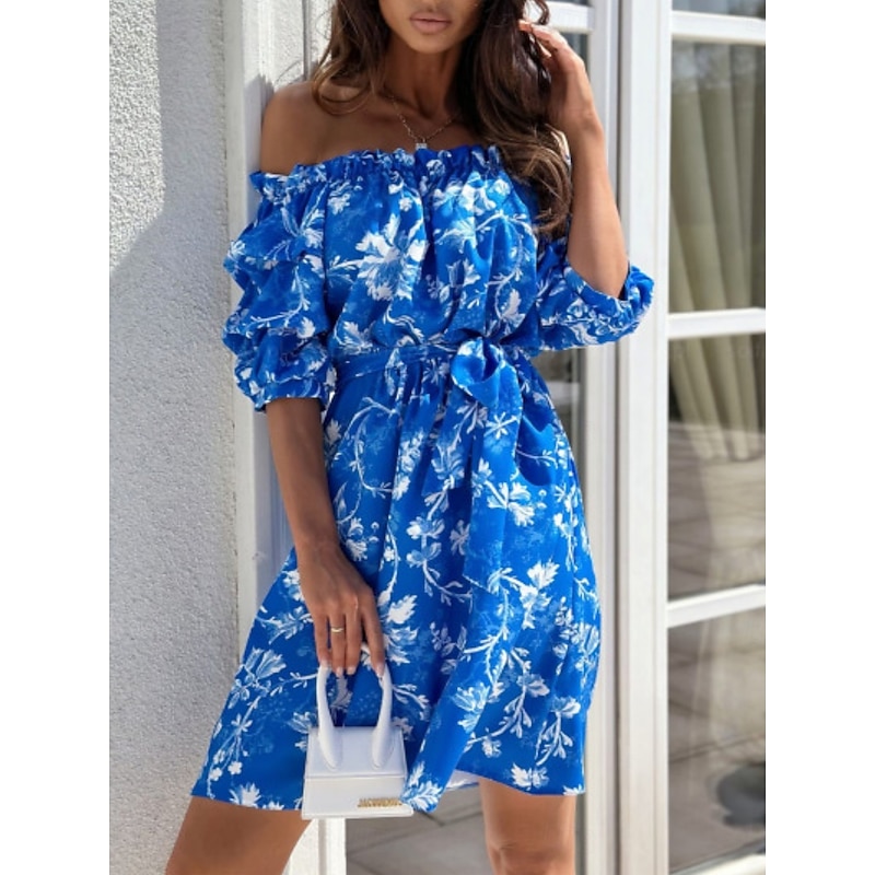 Women's Mini Dress Casual Dress A Line Dress Stylish Casual Vacation Daily Regular Fit Floral Half Sleeve Off Shoulder Red Blue Fuchsia Green Summer4