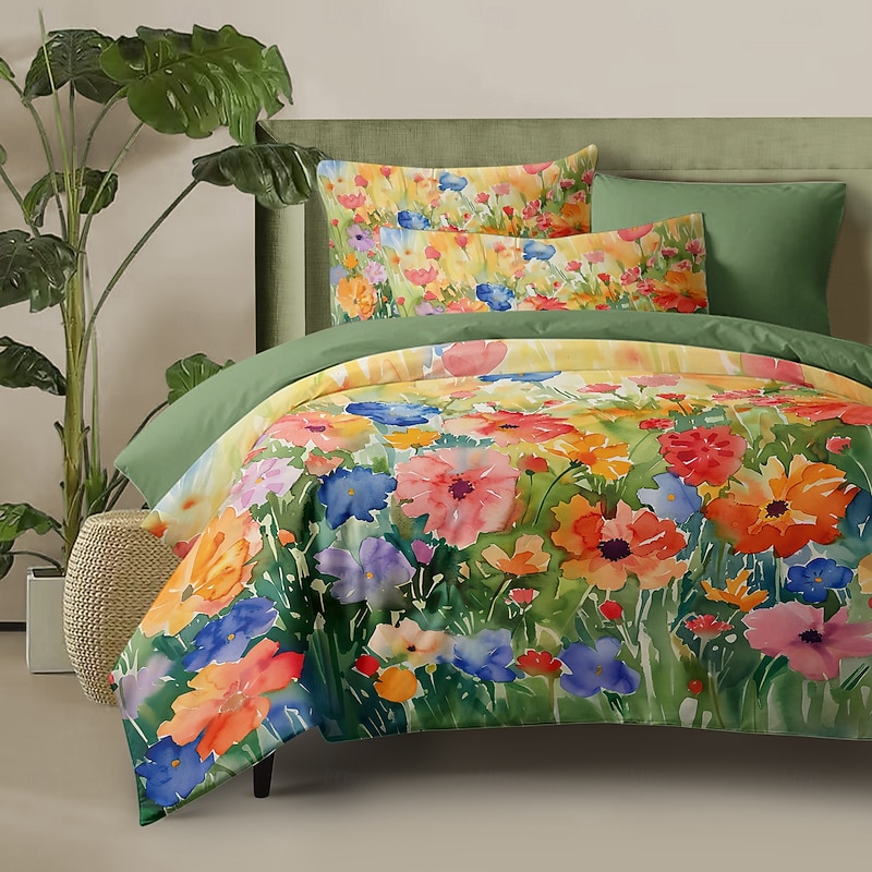100% Cotton Colorful Ink Flower 3-Piece Duvet Set for Hotel Bedroom Guest Room Hotel Bedding Comfy Set 1 Duvet Cover 2 Pillowcases Bed Set