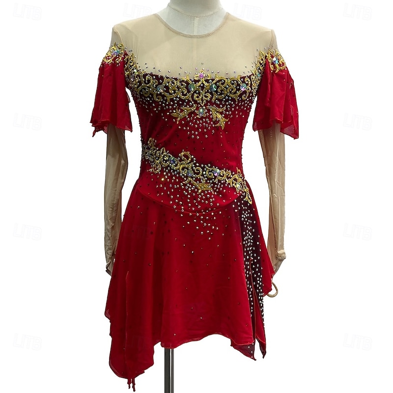 Figure Skating Dress Women's Girls' Ice Skating Dress Red Patchwork Thumbhole Mesh Spandex Stretchy Training Practice Professional Skating Wear Crystal / Rhinestone Long Sleeve Figure Skating