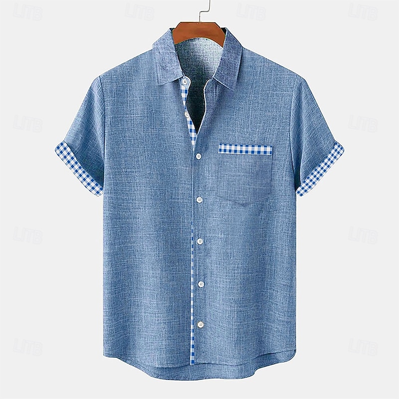 Men's Shirt Linen Shirt Beach Shirt Plaid Home Holiday Blue Green khaki Short Sleeve Turndown Summer Clothing Apparel