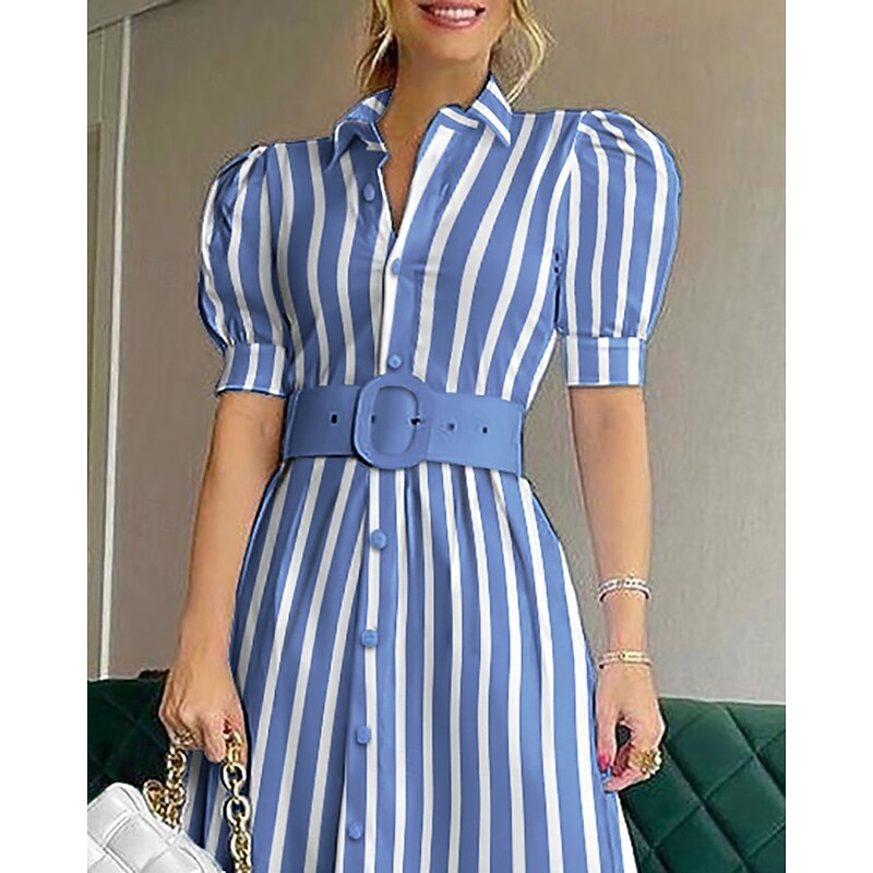 Women's Long Dress Maxi Dress Shirt Dress Casual Dress Summer Dress Stylish Casual Vacation Daily Date Regular Fit Stripe Short Sleeve Lapel White Blue Summer Spring2