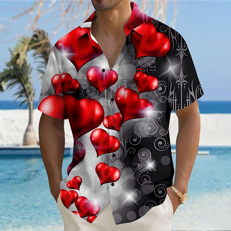 Valentine's Day Men's Heart LOVE Gradient Color Shirt Button Up Shirt Short Sleeve Fashion Casual Vacation Gift Holiday Summer Fall Turndown 3D Print Violet Dark Red Blue 1# Red Light Black