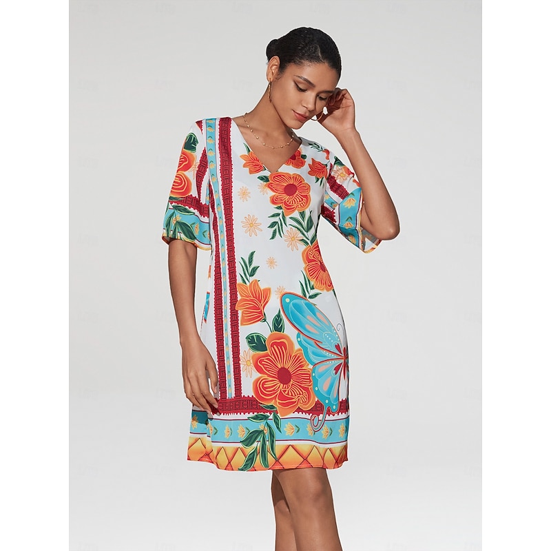 Women's Mini Dress Floral Print V Neck Half Sleeve Summer Dress Orange Flower Pattern Casual Vacation Beach Outfit Elegant Style