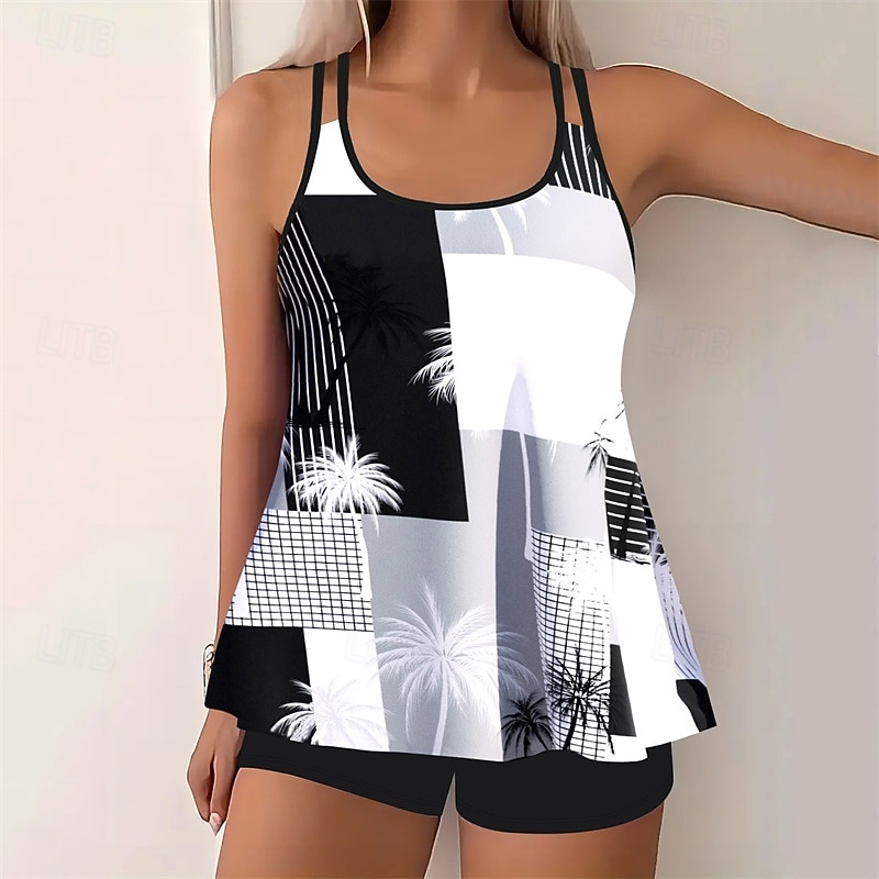 Women's Tankini Two Piece Swimsuit Swimwear Swimwear Black White Breathable Quick Dry Lightweight Sleeveless - Swimming Surfing Beach Summer Spring Plus Size