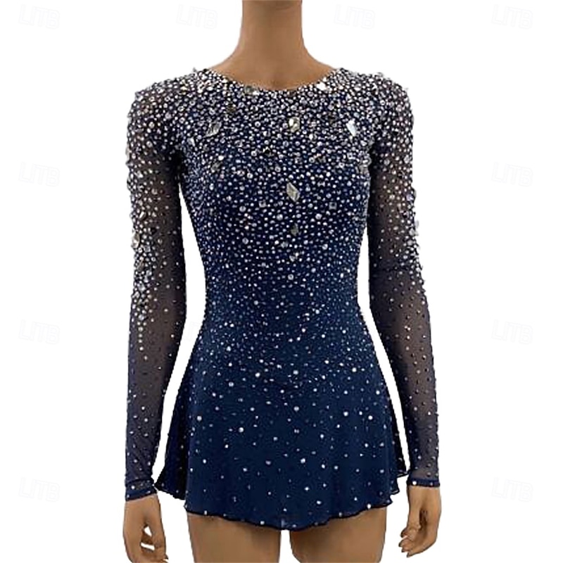 Figure Skating Dress Women's Girls' Ice Skating Dress Navy Blue Patchwork Open Back Mesh Spandex Stretchy Training Practice Professional Skating Wear Crystal / Rhinestone Long Sleeve Figure Skating