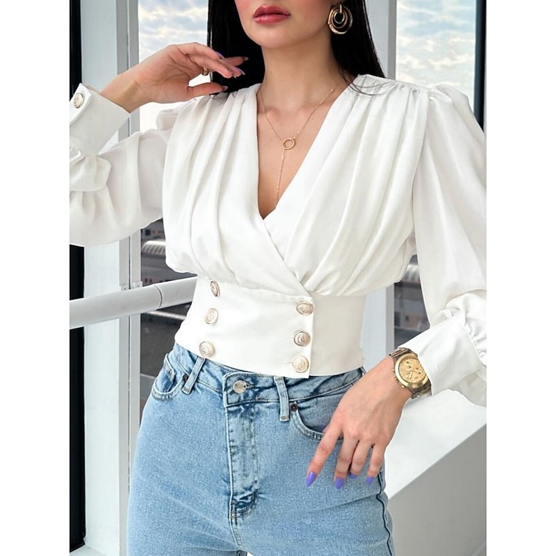 Women's Shirt Blouse Solid Color Stylish Casual Long Sleeve V Neck Crop Tops Daily Buttons Black White Summer Spring3