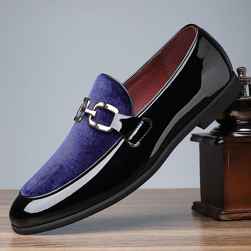 Men's Luxury Red Velvet and Black Patent Leather Loafers – Stylish Slip-On Dress Shoes with Metal Buckle for Weddings and Formal Events4