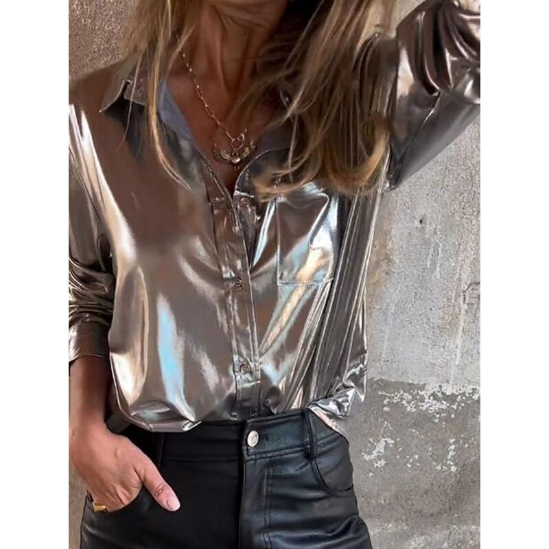 Women's Shirt Velvet Elegant Dressy Solid Color Stylish Fancy Long Sleeve Shirt Collar Regular Tops Wedding Guest Going out Buttons Silver Beige Summer Spring