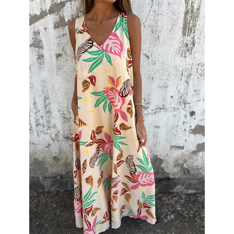Women's Midi Dress Casual Dress A Line Dress Stylish Casual Vacation Daily Beach Regular Fit Floral Leaf Sleeveless V Neck Dark Blue Apricot Beige Summer3