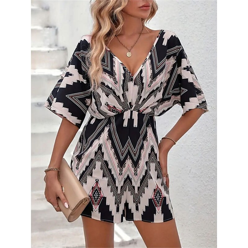Women's Normal Romper Active Geometric Short Sleeve V Neck High Waist Print Vacation Daily Regular Fit Black Summer3