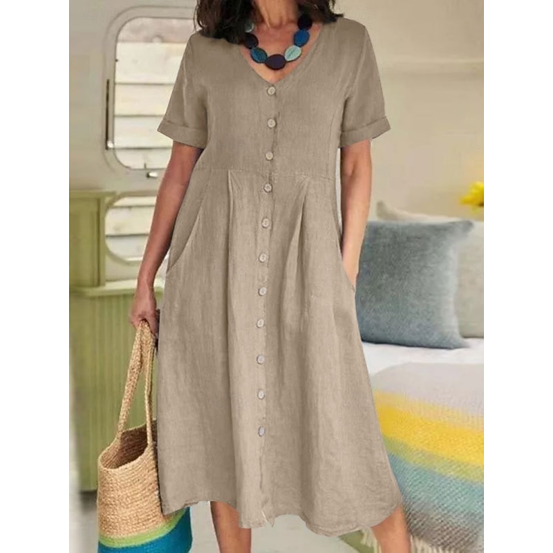 Women's Midi Dress Cotton Linen Dresses Casual Dress Basic Casual Vacation Daily Regular Fit Plain Short Sleeve V Neck White Sky Blue Green Khaki Summer - Main Image