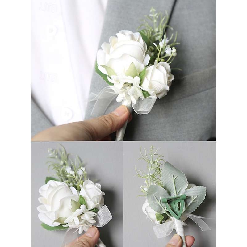 Elegant White Rose Wrist Corsage and Boutonniere Set – Artificial Floral Accessories for Weddings, Bridesmaids and Formal Events4