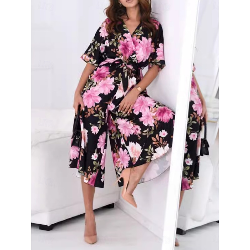 Women's Normal Jumpsuit Active Floral Half Sleeve V Neck High Waist Vacation Daily Regular Fit Black Summer4