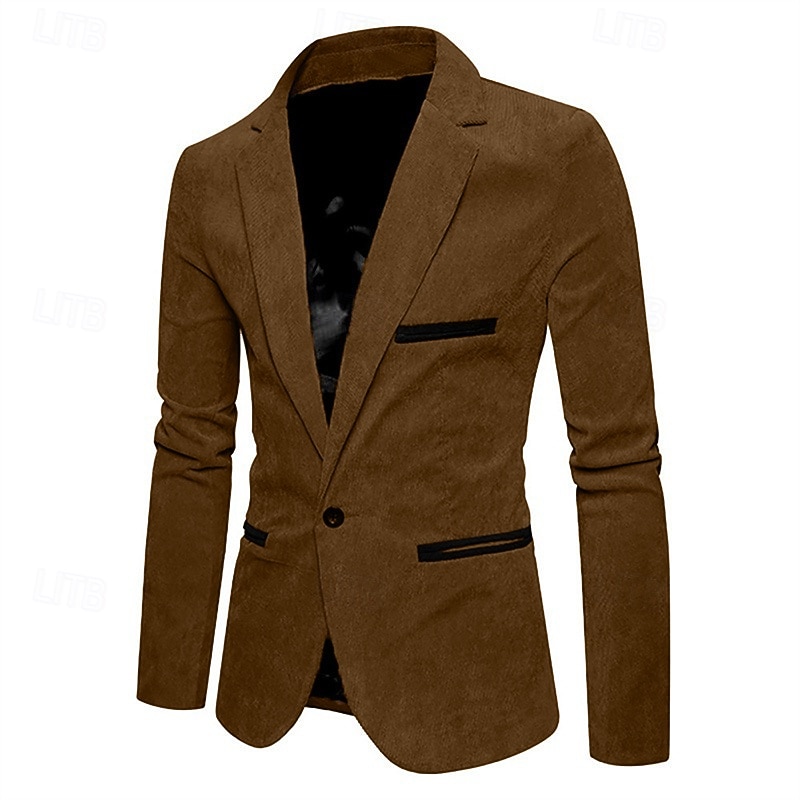 Men's Graduation Blazer Business Cocktail Party Wedding Party Fashion Casual Spring &  Fall Corduroy Solid Color Pocket Buttons Comfortable Single Breasted Blazer Burgundy khaki3