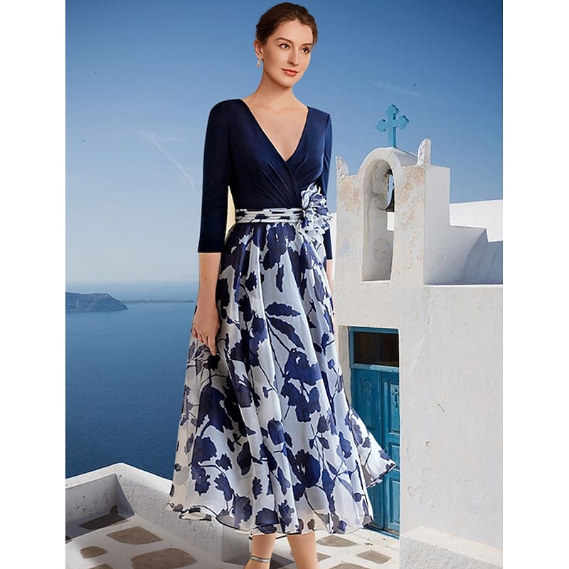 A-Line Mother of the Bride Dress Elegant V Neck Scoop Neck Ankle Length Chiffon Sequined Stretch Fabric 3/4 Length Sleeve with Flower Race Day Dress Wedding Guest Dress