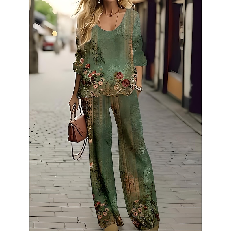 Women's 2 Pieces Basic Neon & Bright Shirt Blouse 3/4 Length Sleeve V Neck Floral Print Casual Linen Like Green Summer Regular Fit