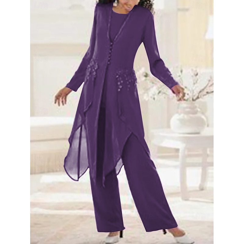 Beach Wedding 3 Piece Mother of the Bride  Wedding Guest Elegant Vintage Scoop Neck Ankle Length Chiffon Lace Long Sleeve with Appliques4