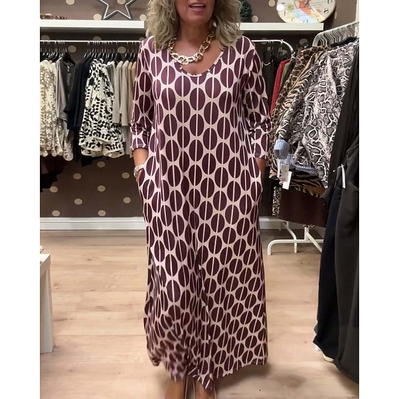 Women's Maxi Dress Casual Dress Stylish Casual Vacation Daily Regular Fit Geometric 3/4 Length Sleeve V Neck Black Wine Purple Green Summer3